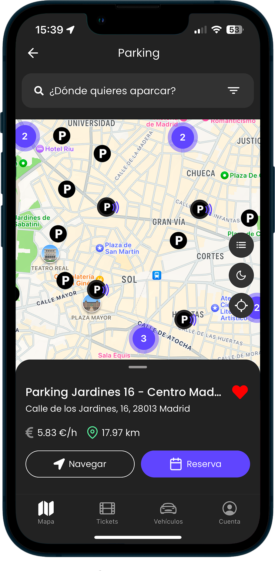 Mapa de parkings y reserva de plaza en la app de LetMePark