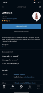 captura de pantalla app LetMePark en app Alexa