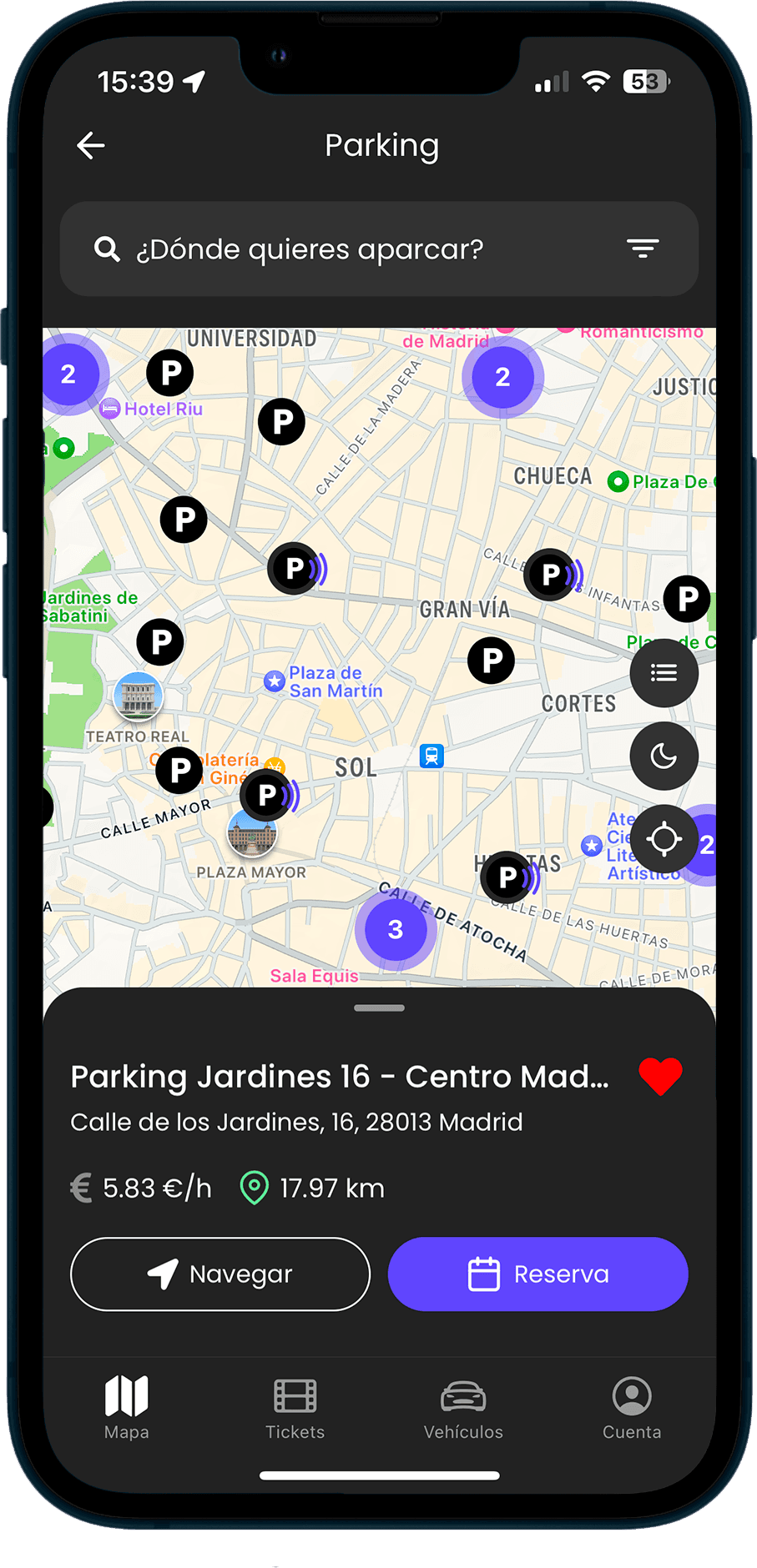 Mapa de parkings y reserva de plaza en la app de LetMePark