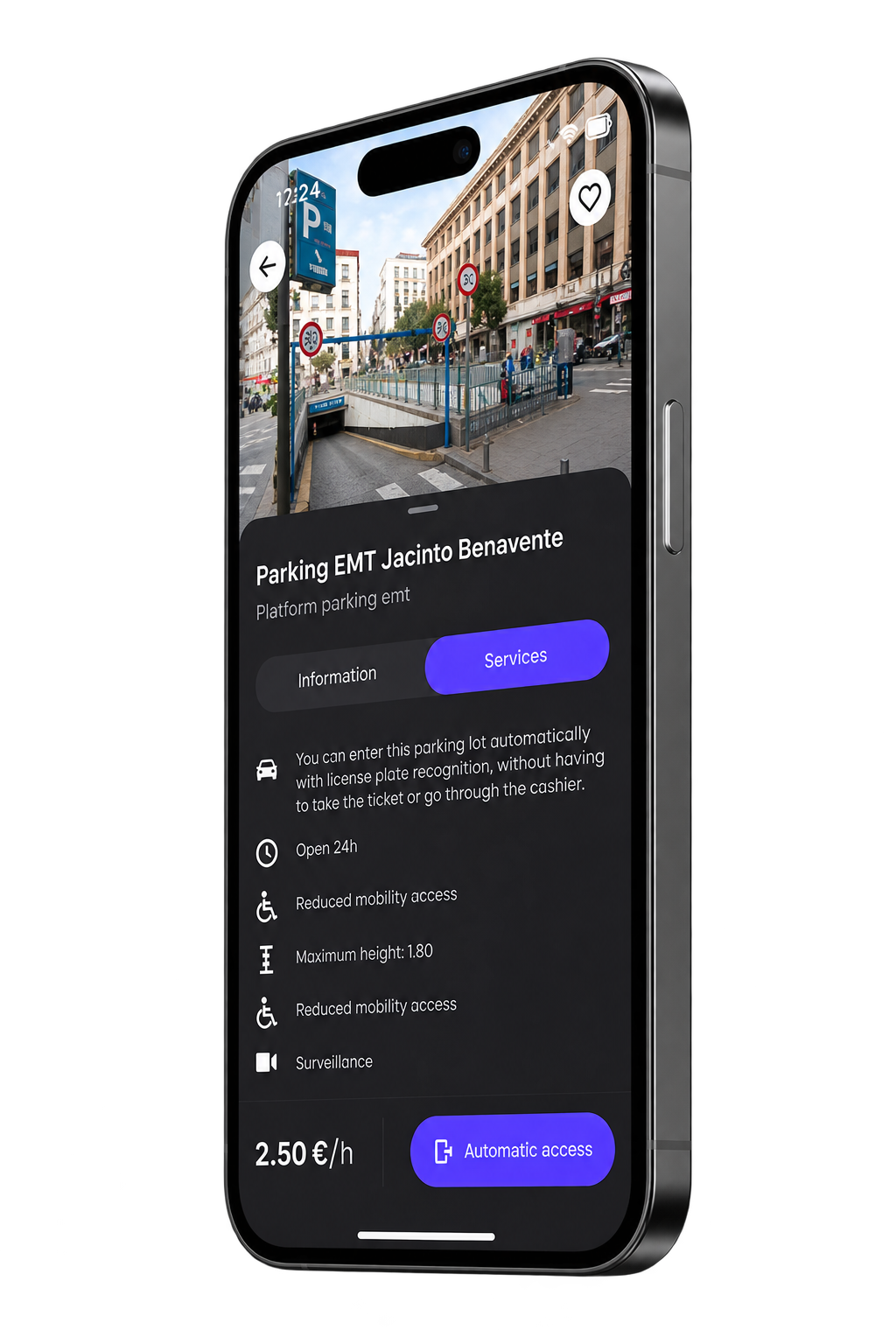 Detalle de parking con acceso automático en la app de LetMePark