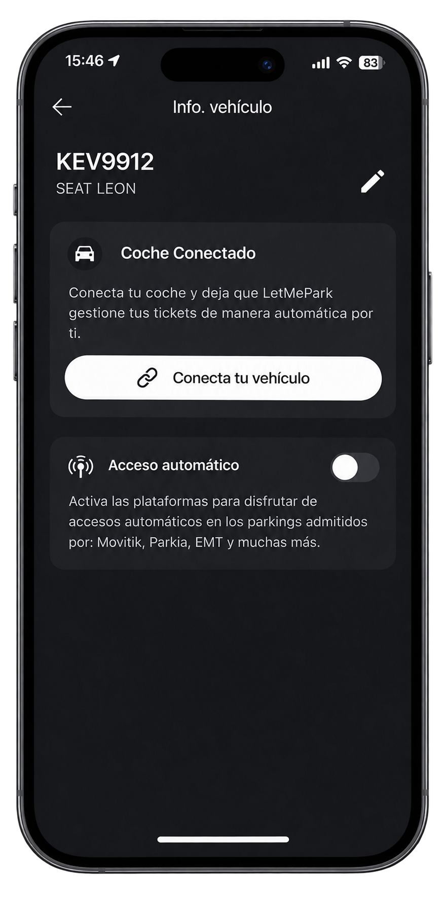Pantalla de Coche Conectado y acceso automático en la app de LetMePark